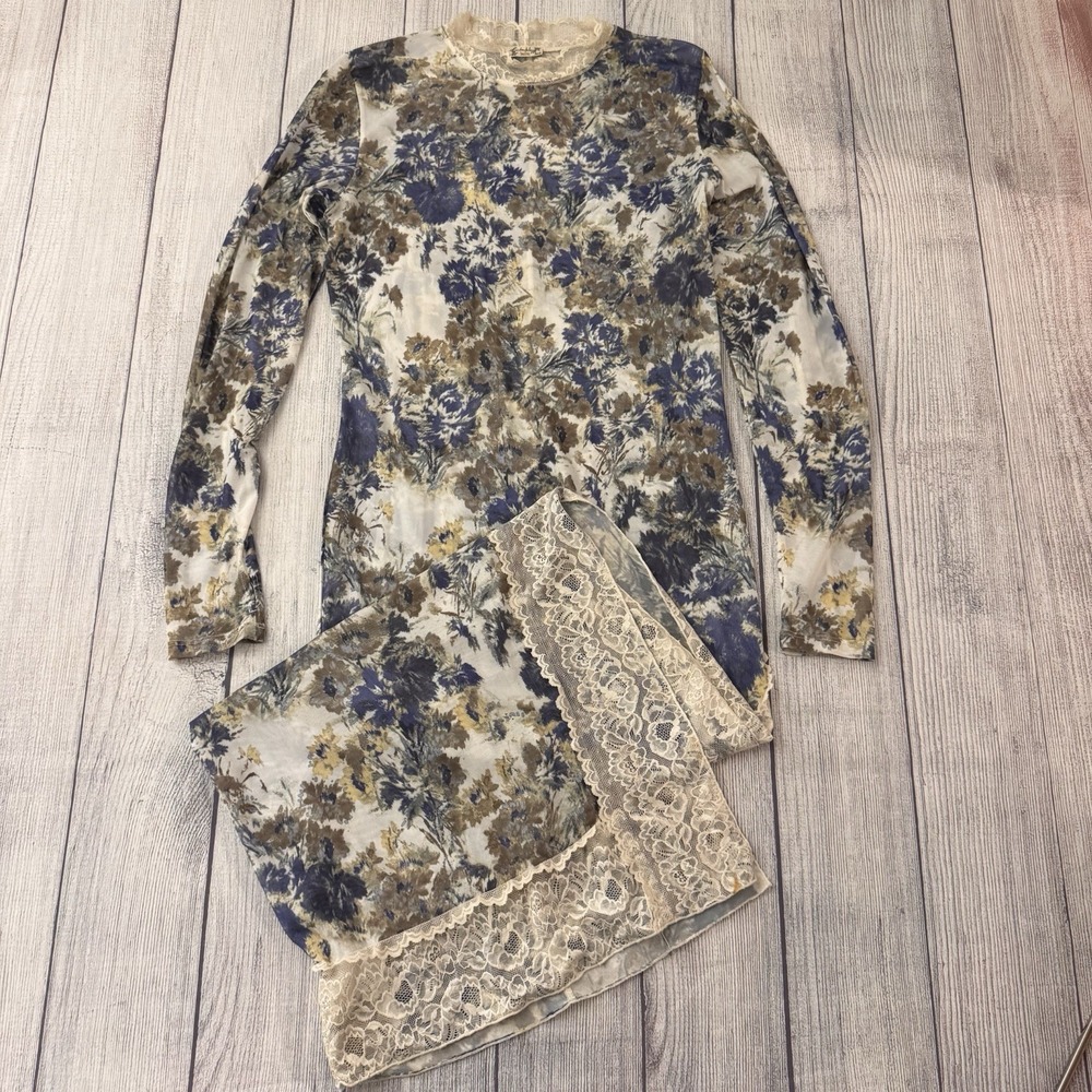 Intimately Free People Floral Lace Trim Maxi Dress Mock Neck Long Sleeve Small